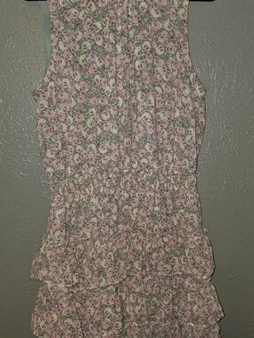 MSK Floral Sleeveless Ruffled Tiered Smocked Mini Dress Pink Green Size L